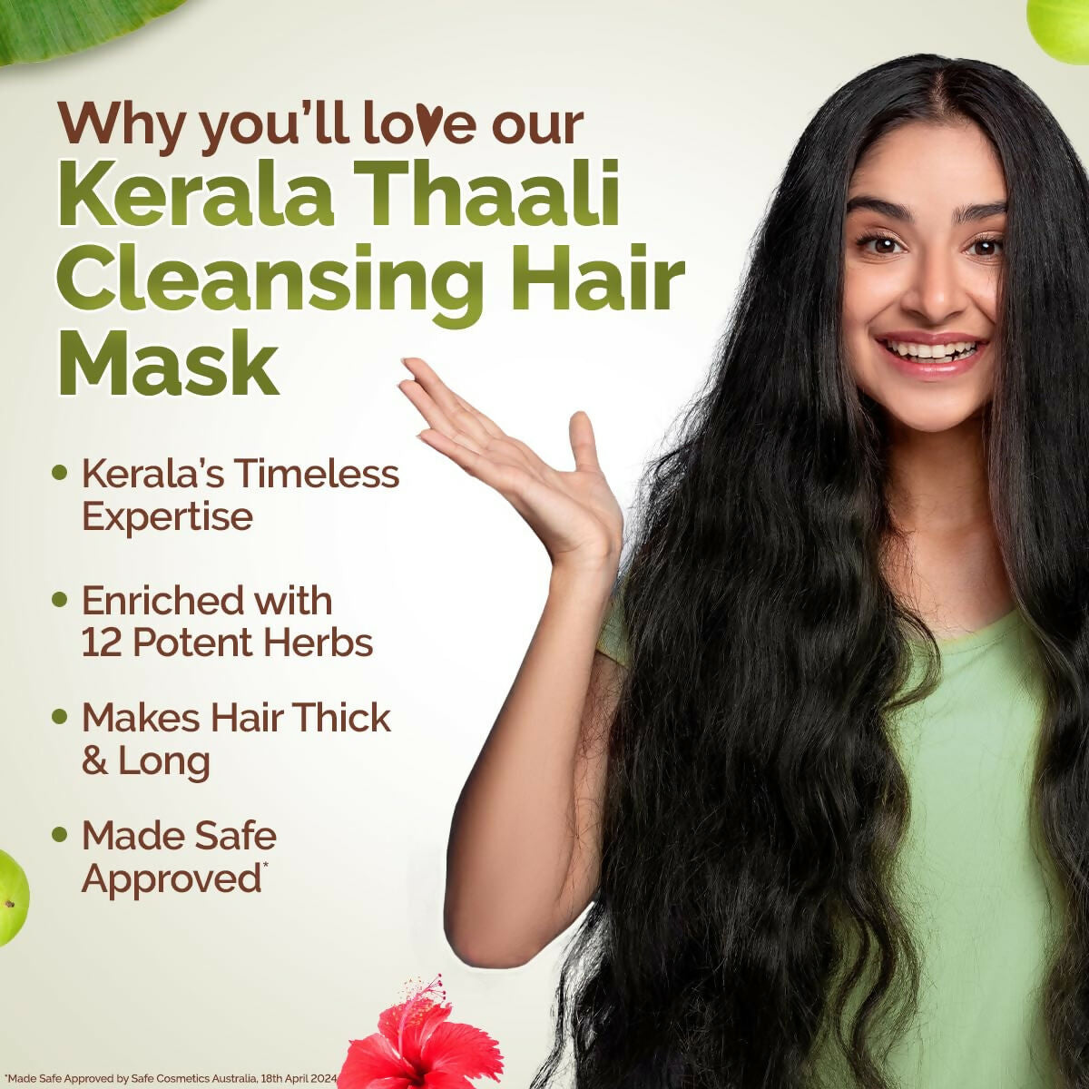 Mamaearth Kerala Thaali cleansing hair mask with 12 herbs for thick, long hair, shown in a jar with herbal ingredients.