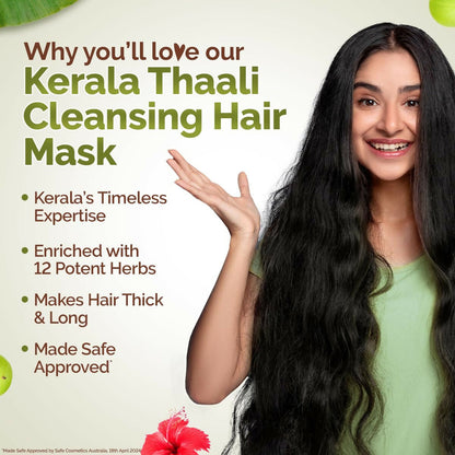 Mamaearth Kerala Thaali cleansing hair mask with 12 herbs for thick, long hair, shown in a jar with herbal ingredients.