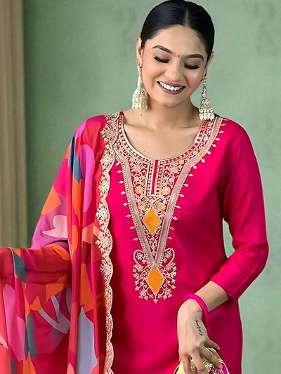 Indyancart SN Women's Embroidered Calf Length Regular Straight Kurta Pyjama & Dupatta