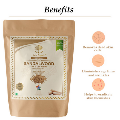Wild Organic sandalwood powder face pack for skin and body, showcasing the natural powder in a container with fresh sandalwood pieces.