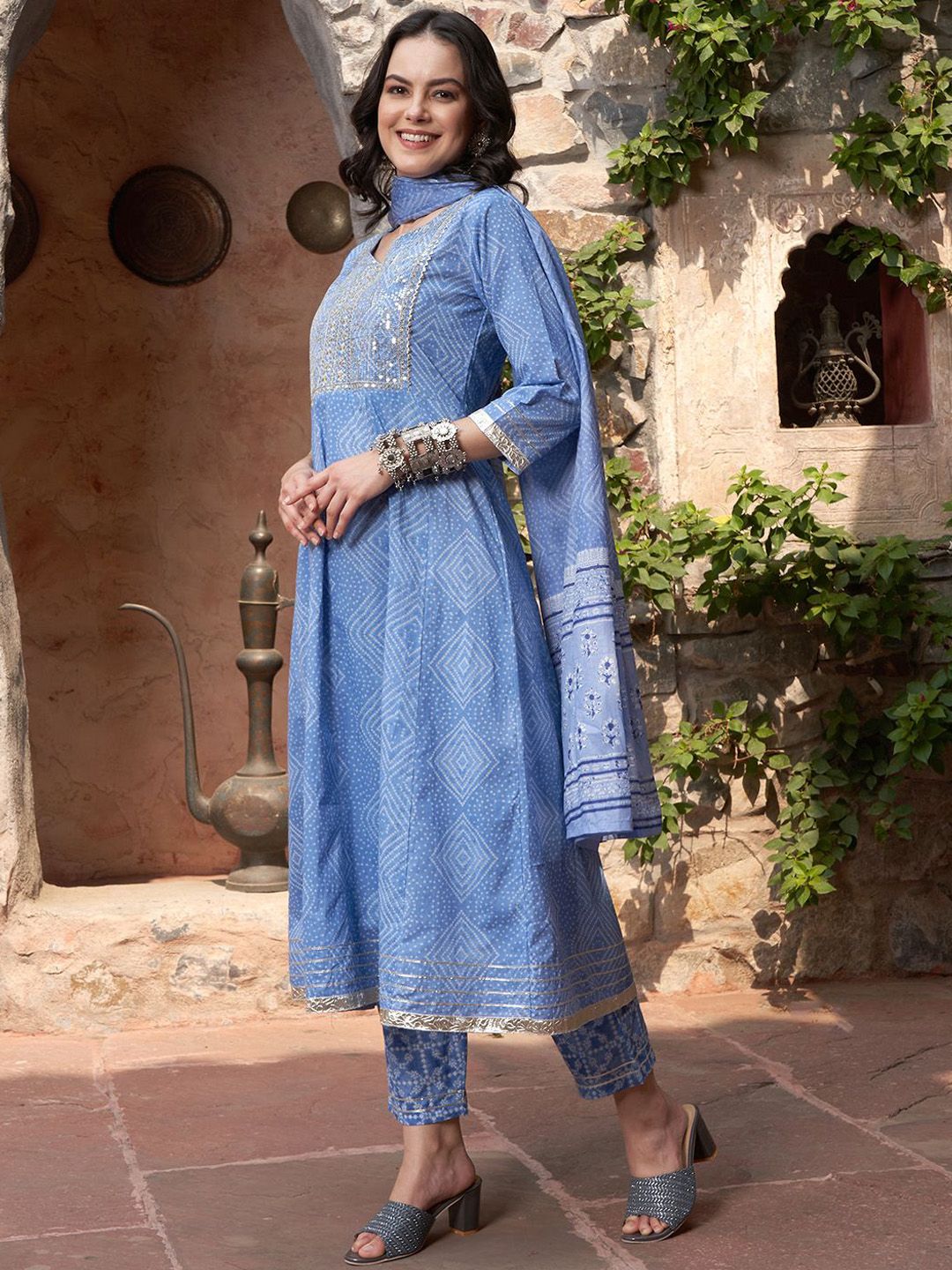 Indyancart SN Women's Blue Bandhani Printed V Neck Pure Cotton Anarkali Kurta With Trouser And Dupatta