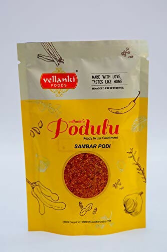 Vellanki Foods combo of rasam podi, sambar podi, and kura karam masala powders in 250g packages, displayed in bowls.
