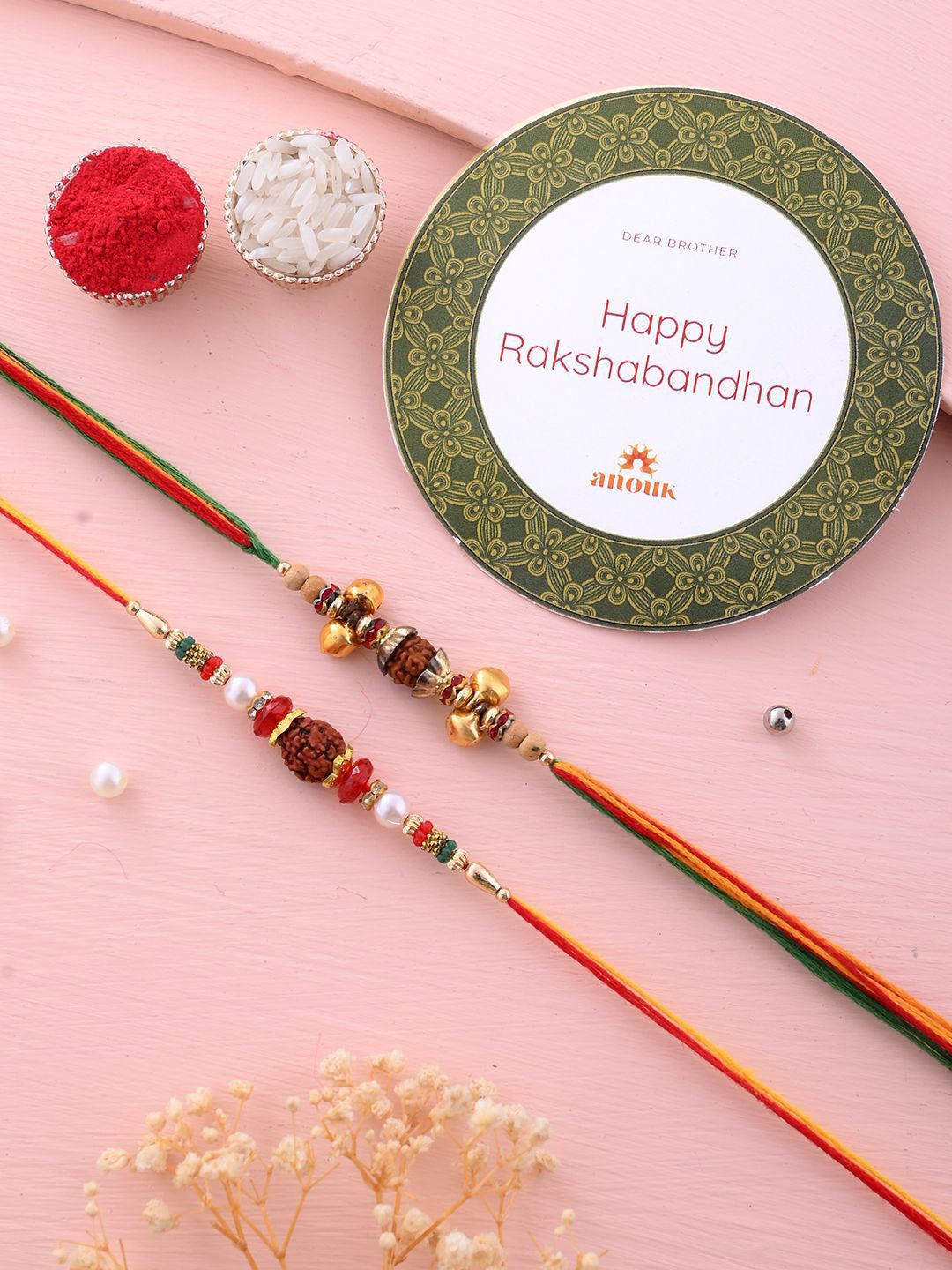 Anouk Set Of 2 Small Bells & Rudaraksh Rakhi Comes With Roli Rice & Greeting Card
