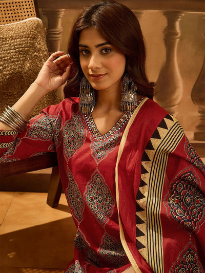 Indyancart SN Women's Floral Printed V-Neck Sequinned Cotton Straight Kurta With Trouser & Dupatta