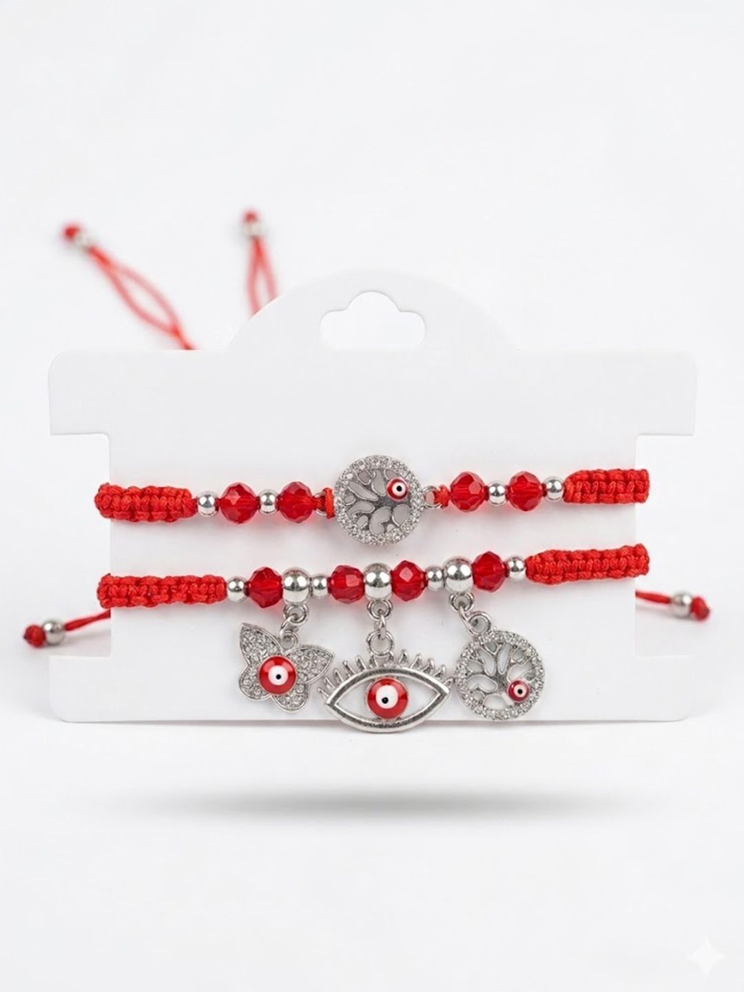 Anouk Set Of 2 Red & Silver Evil Eye Design Bhaiya Bhabhi Rakhi With Roli Chawal Chandan