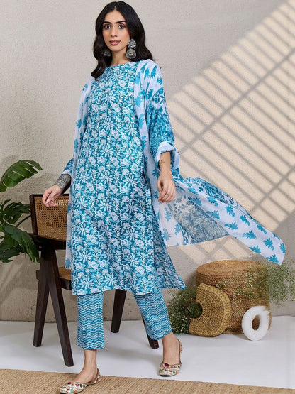 Women Floral Printed Regular Pure Cotton Kurta With Trousers & Dupatta