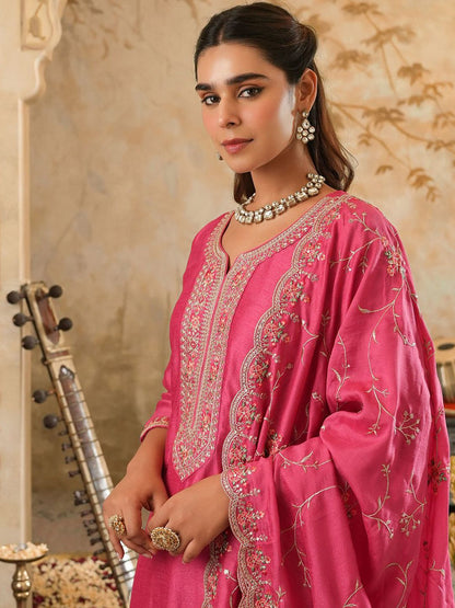 Women Woven Design Embroidered Kurta with Trousers & Dupatta