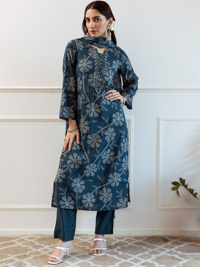 Indyancart SN Women's Floral Printed Notch Neck Mirror Work Modal Muslin Kurta & Trousers With Dupatta