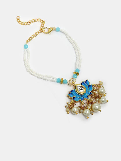 Anouk Unisex Set Of 2 Blue Lotus Shape Kundan-Studded & Beaded Wraparound Rakhi Set