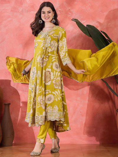 Indyancart SN Women's Floral Printed With Embroidered Angrakha Kurta With Trousers & Dupatta