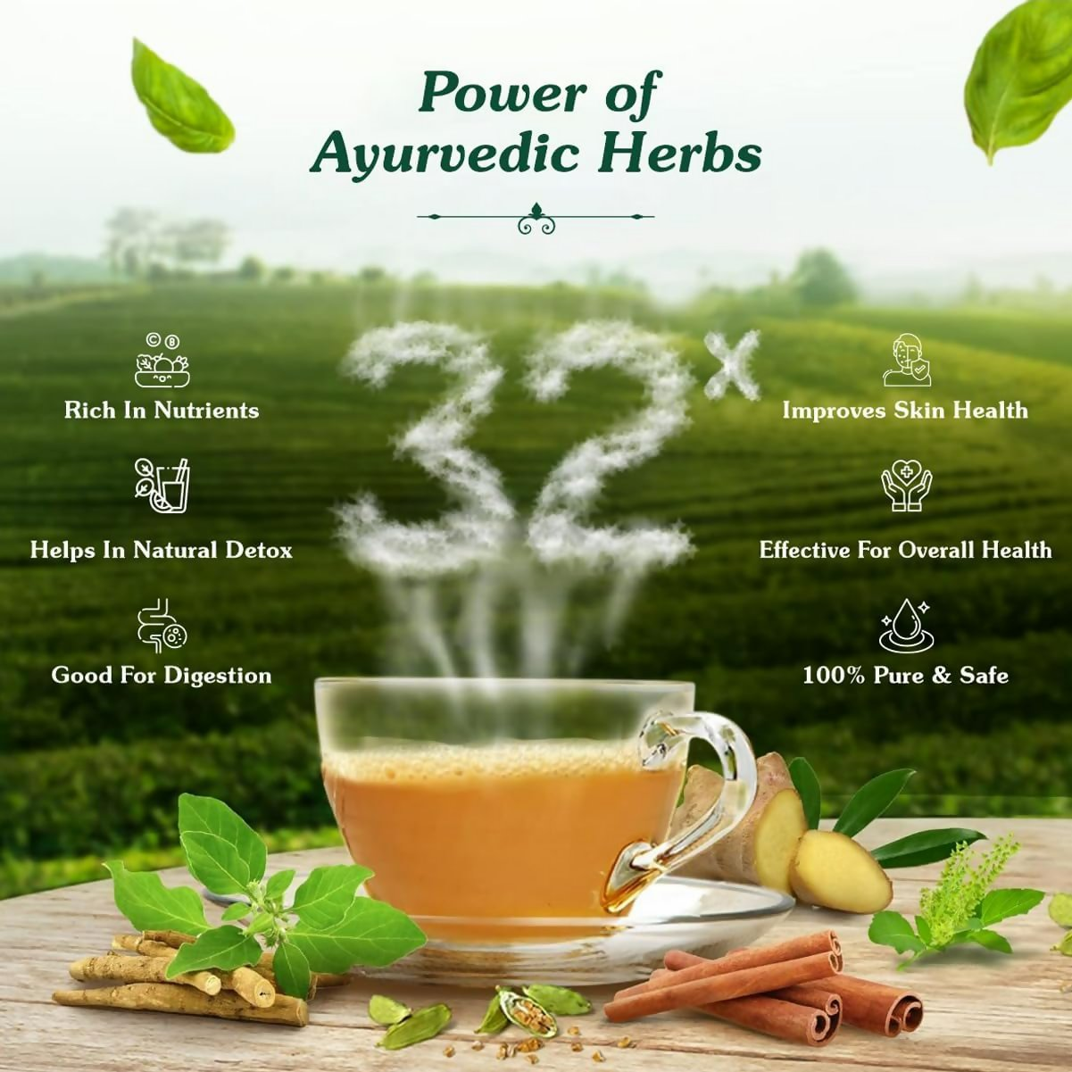 Jeena Sikho 32 Herbs Tea herbal detox kahwa in a glass cup with dried herbs and tea leaves, showcasing natural ingredients.