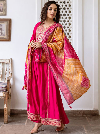 Indyancart IE Women Ethnic Motifs Embroidered Empire Kurta with Trousers & With Dupatta
