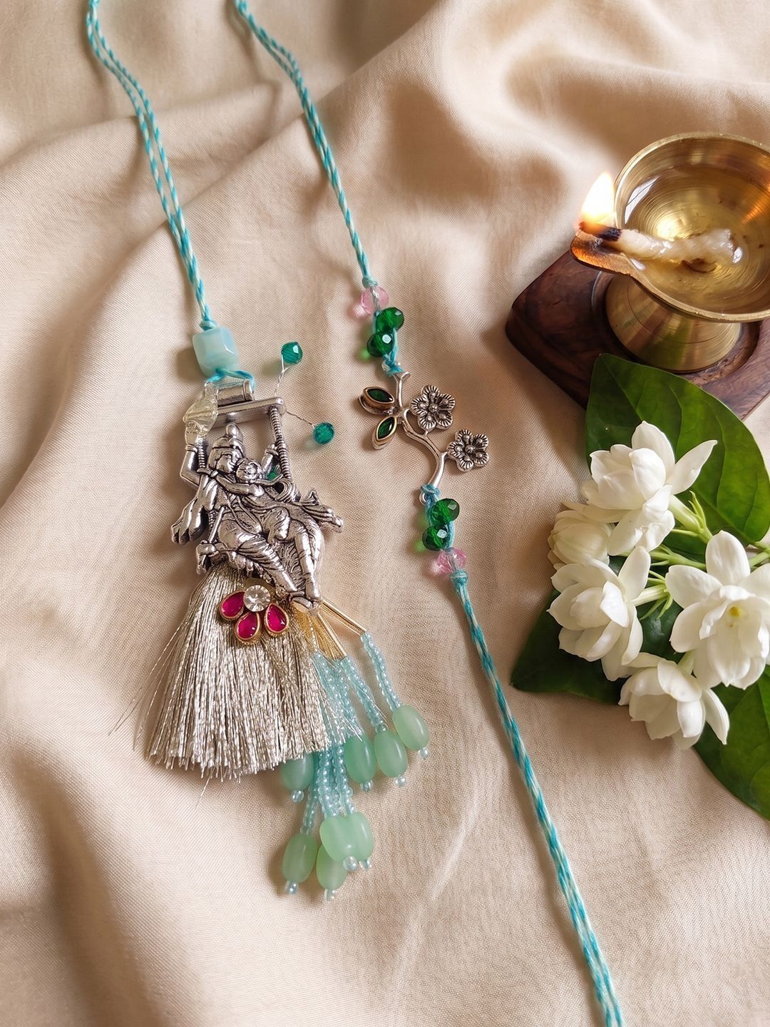 Anouk Set Of 2 Designer Religious Silver Toned Bhaiya Bhabhi Rakhi