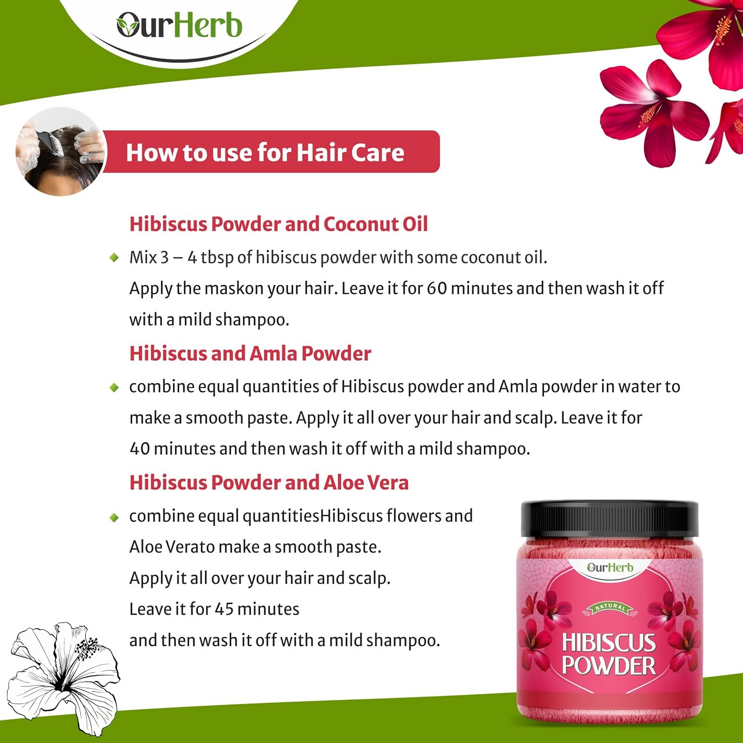 OurHerb Hibiscus Flower Powder face pack and hair mask for all hair types, showing a bowl of vibrant hibiscus powder with flowers