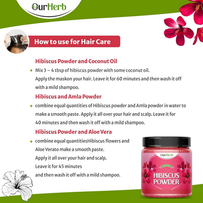 OurHerb Hibiscus Flower Powder face pack and hair mask for all hair types, showing a bowl of vibrant hibiscus powder with flowers