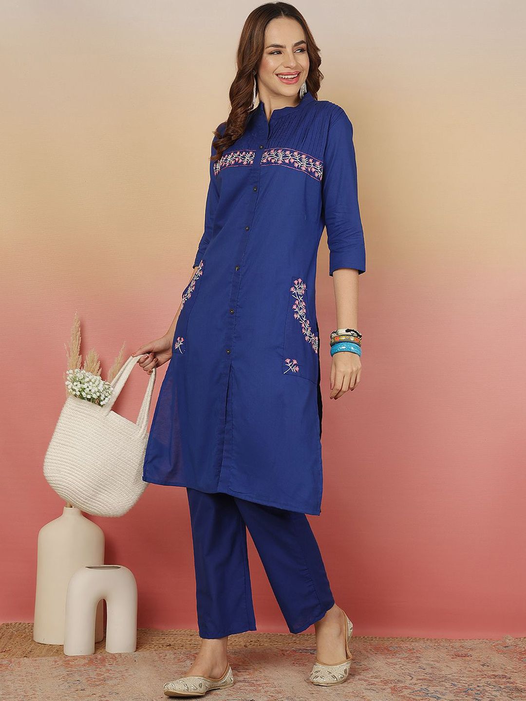 Indyancart SN Women's Embroidered Pure Cotton Straight Kurta With Trousers