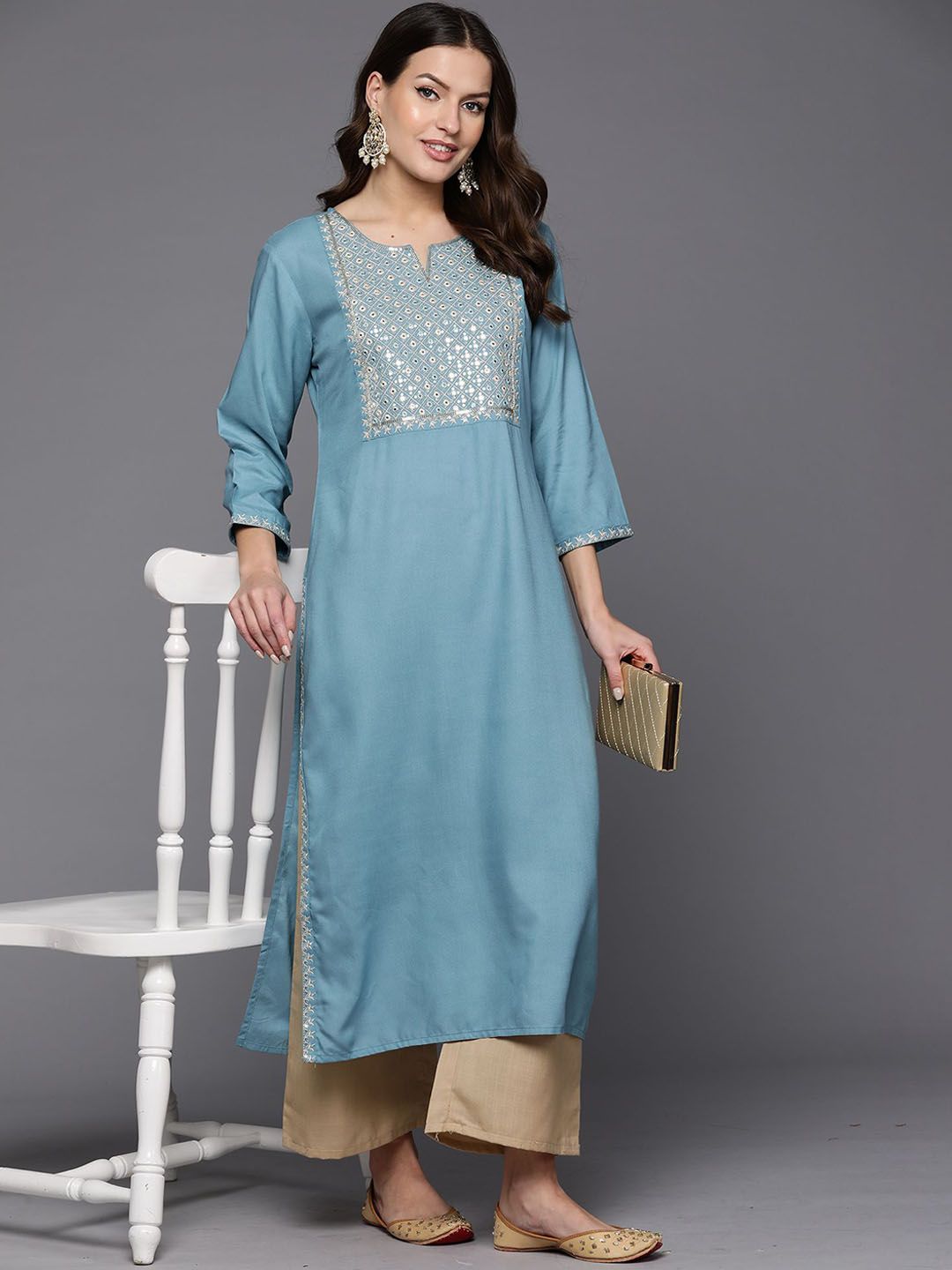 Indyancart IE Blue Notch Neck Embroidered Mirror Work Straight Kurta