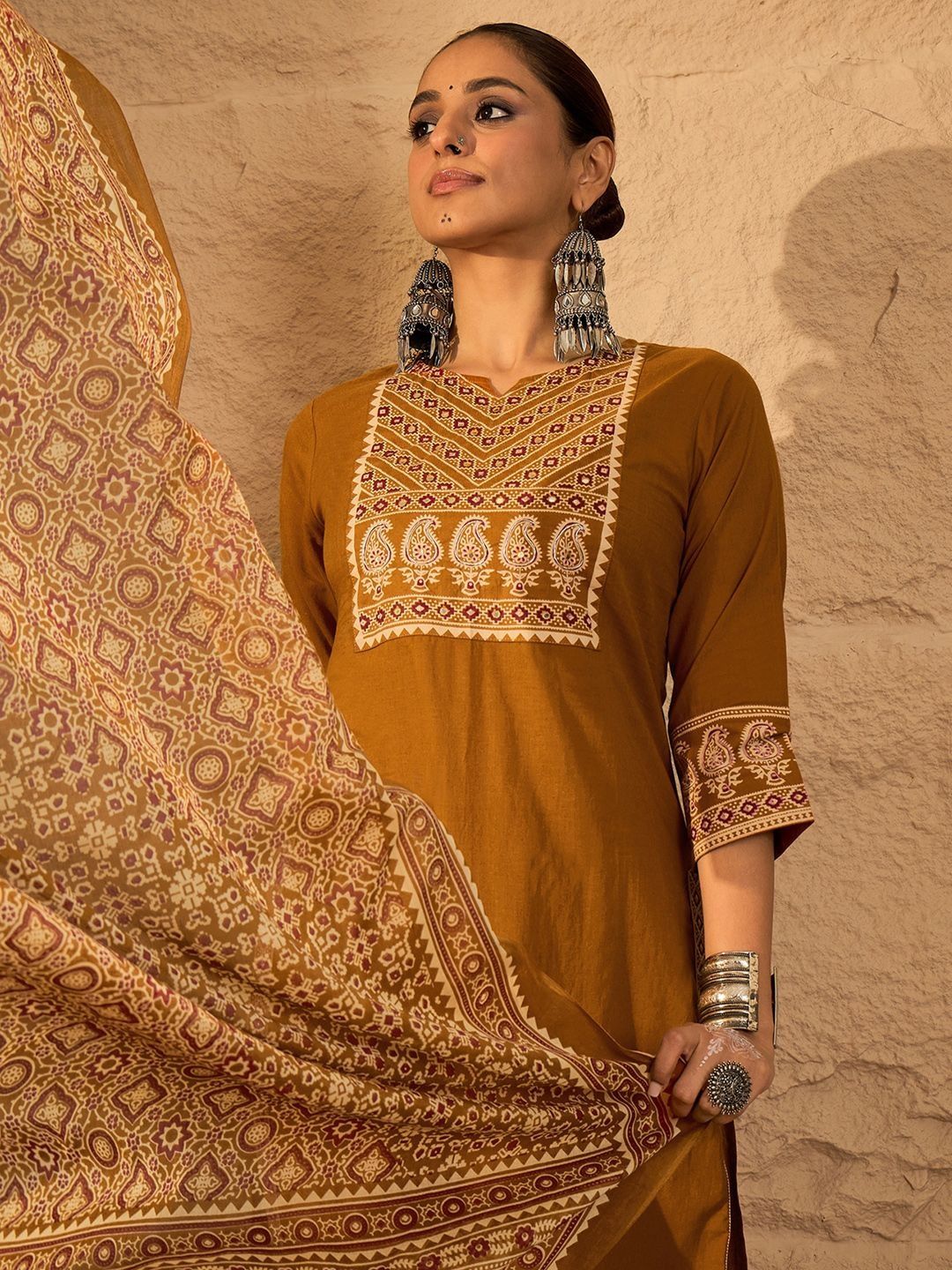 Floral Embroidered Mirror Work Pure Cotton Kurta With Trousers & Dupatta