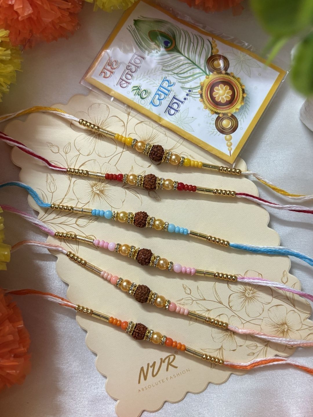 Anouk Set Of 6 Rudraksh & Artificial Beads Thread Rakhi With Roli Chawal Chandan Mishri