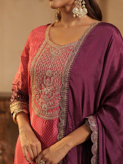 Indyancart IE Bandhani Printed Straight Sequinned Kurta With Trousers & Dupatta
