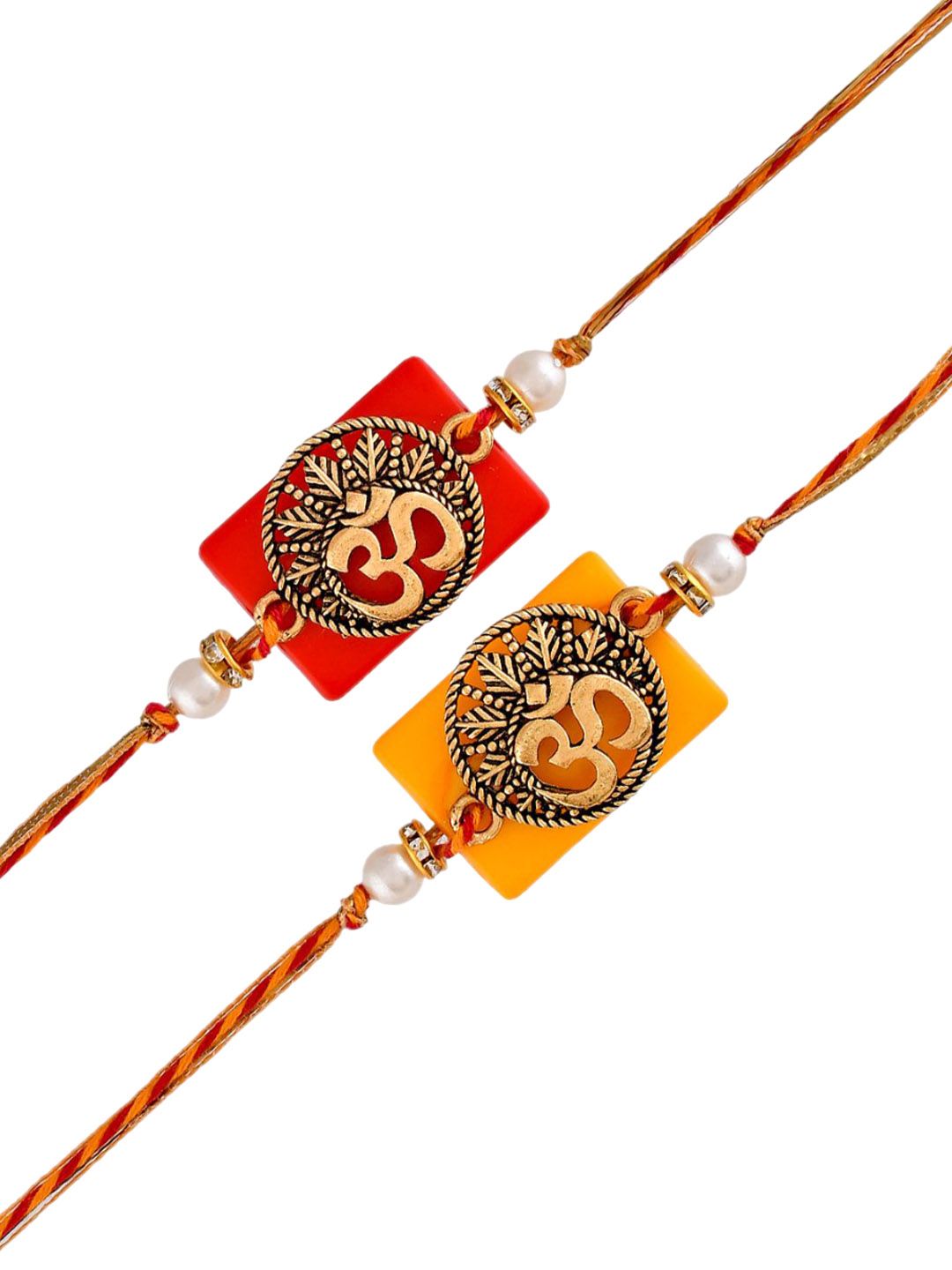 Anouk Gold Toned Set Of 2 Om Charm Thread Rakhis With Roli Chawal & Greeting Card