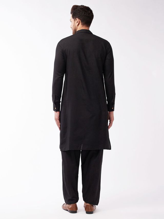 Men's Black Cotton Blend Straight Kurta Pyjama Set