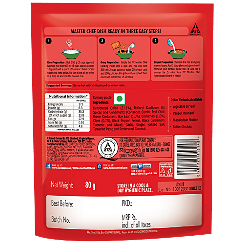 ITC Master Chef Hyderabadi Biryani cooking paste in a jar, showcasing the vibrant, spicy spice blend for flavorful biryani preparation.