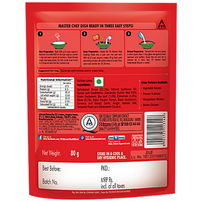 ITC Master Chef Hyderabadi Biryani cooking paste in a jar, showcasing the vibrant, spicy spice blend for flavorful biryani preparation.