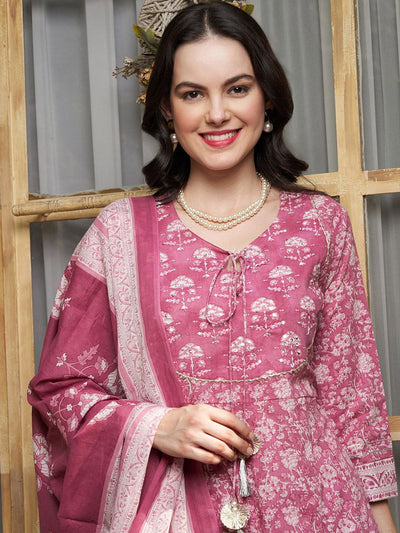 Indyancart SN Women's Mauve Floral Printed Keyhole Neck Pure Cotton Kurta With Trouser & Dupatta