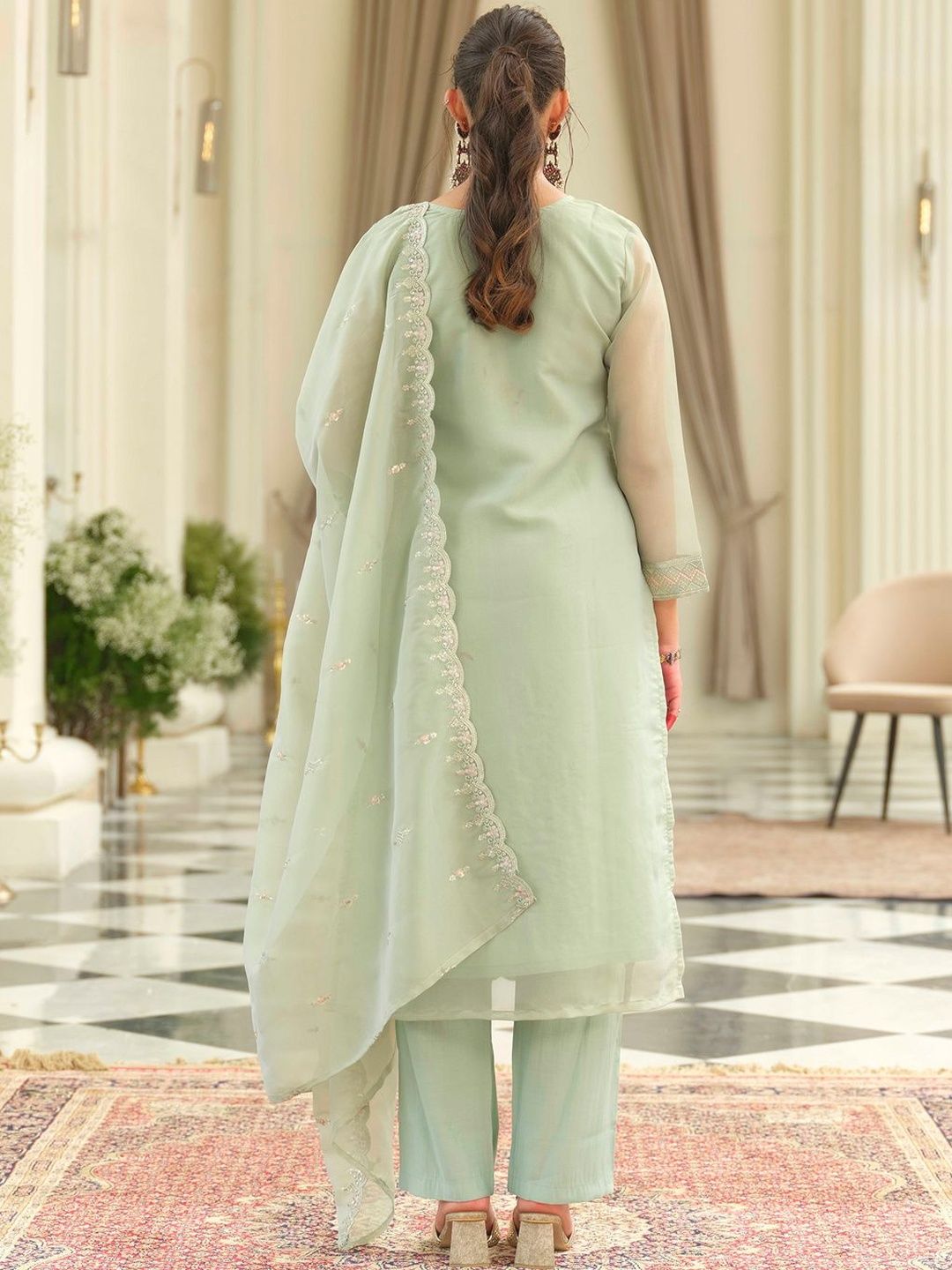 Ethnic Motifs Embroidered Round Neck Straight Kurta With Trousers & Dupatta