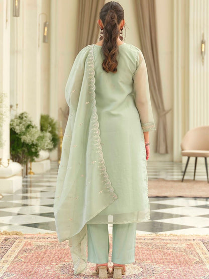 Ethnic Motifs Embroidered Round Neck Straight Kurta With Trousers & Dupatta