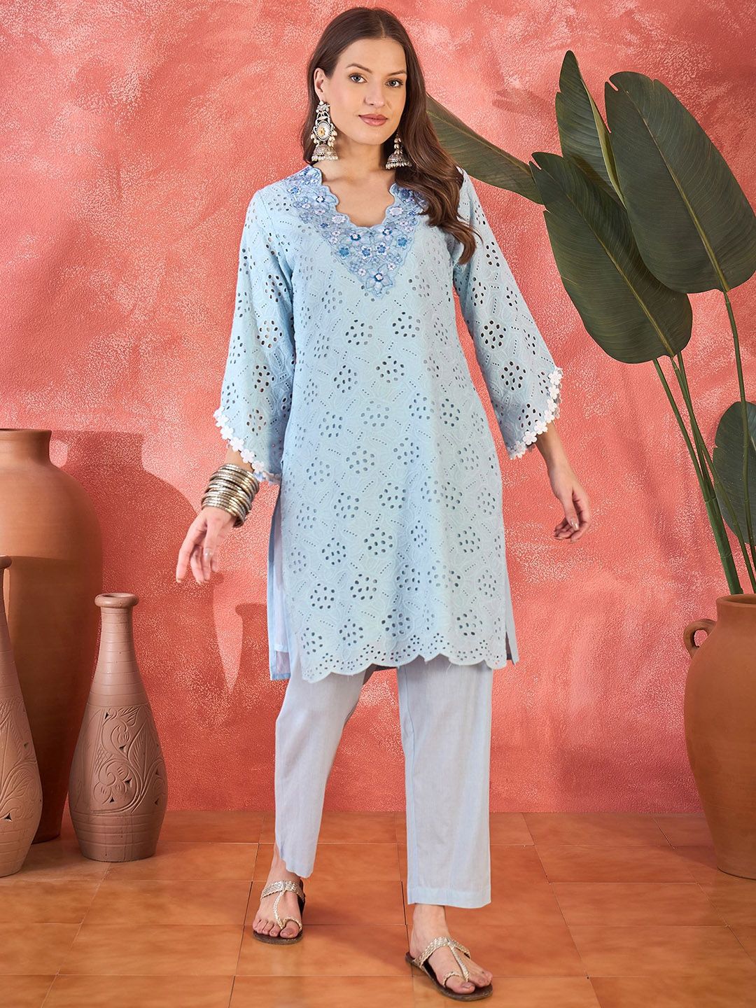Dhiyona SN Women's Floral Schiffli Embroidered Thread Work Pure Cotton Straight Kurta With Trousers