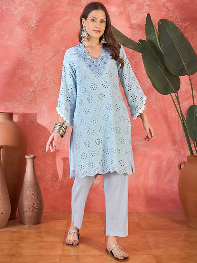 Indyancart SN Women's Floral Schiffli Embroidered Thread Work Pure Cotton Straight Kurta With Trousers