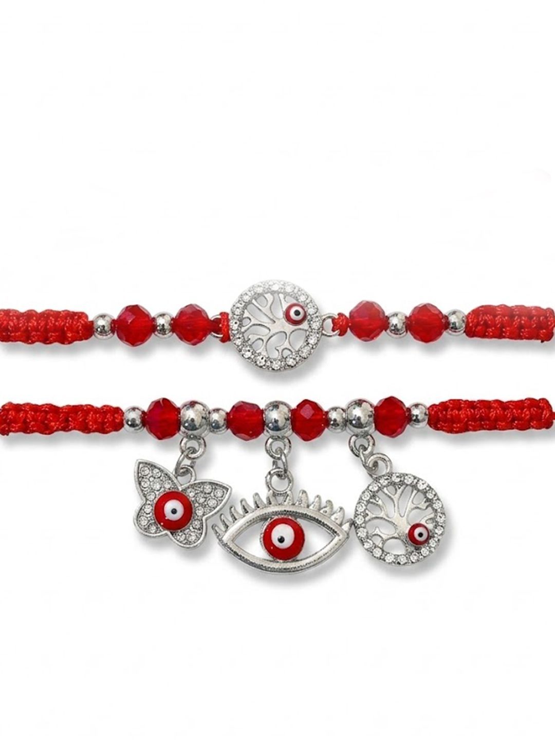 Anouk Set Of 2 Red & Silver Evil Eye Design Bhaiya Bhabhi Rakhi With Roli Chawal Chandan