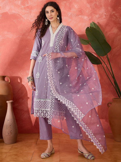Indyancart SN Women's Floral Embroidered V-Neck Mirror Work Pure Cotton Kurta With Trouser & Dupatta