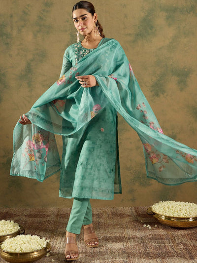 Indyancart IE Floral Embroidered Thread Work Chanderi Silk Kurta with Trousers & Dupatta