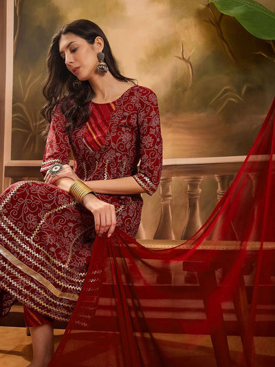 Indyancart SN Women's Printed With Gota Patti Pure Cotton Anarkali Kurta with Trousers & Dupatta