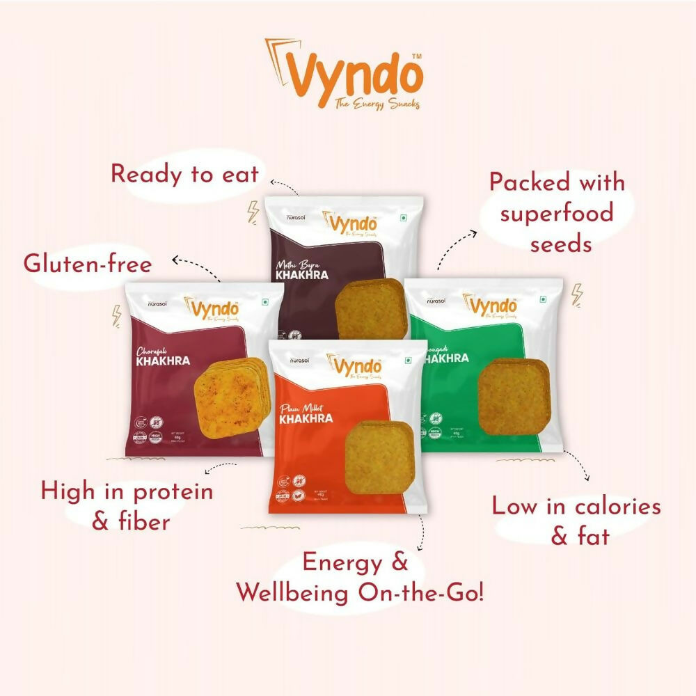 Vyndo gluten-free khakhra combo of North Indian snacks with crispy, golden-brown khakhra arranged on a plate.