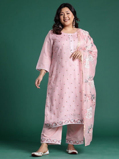 Indyancart Women's Pink Embroidered Straight Kurta With Trousers & Dupatta