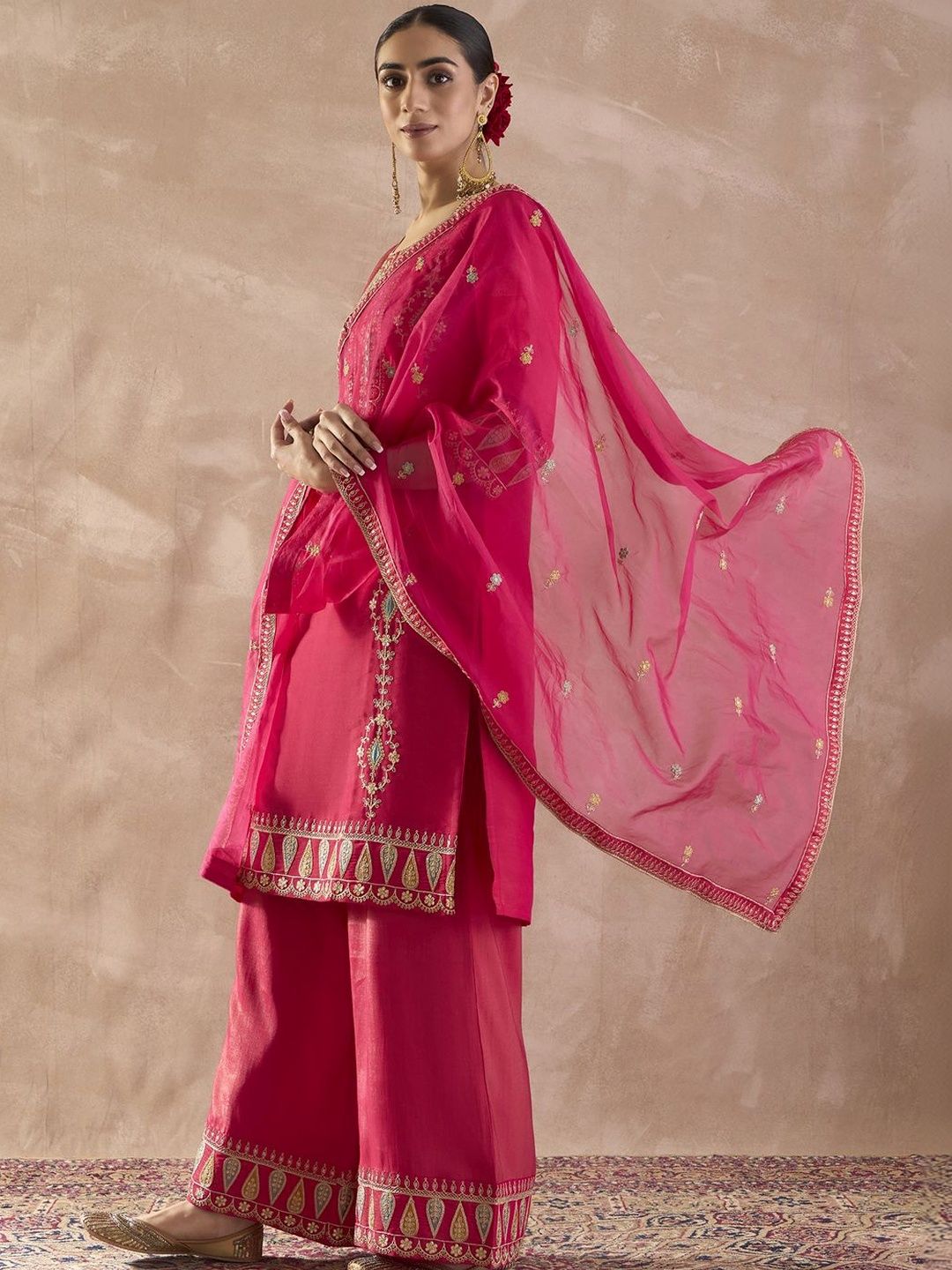Indyancart IE Women Ethnic Motifs Embroidered Regular Sequinned Kurta with Palazzos & With Dupatta