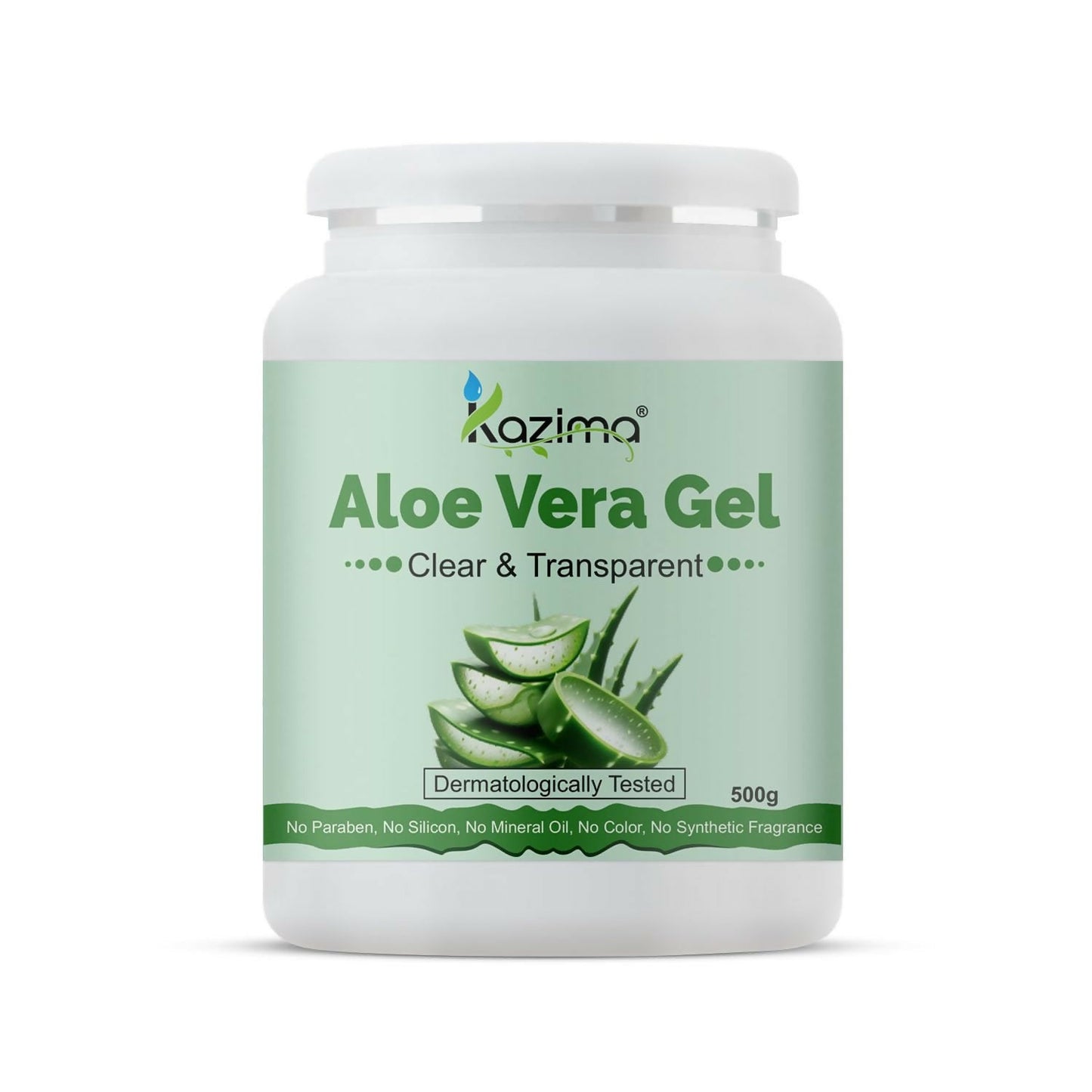 Kazima Pure Aloe Vera Gel in a clear tube, suitable for hair, acne, scars, dark circles, and sunburn relief.