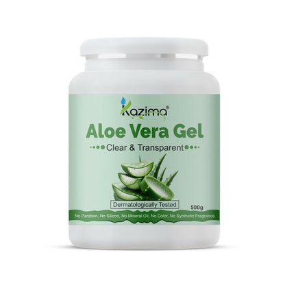 Kazima Pure Aloe Vera Gel in a clear tube, suitable for hair, acne, scars, dark circles, and sunburn relief.