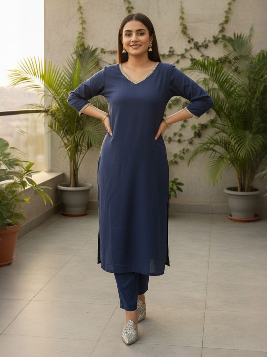 Women V-Neck Straight Kurta with Trouser