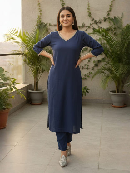 Women V-Neck Straight Kurta with Trouser