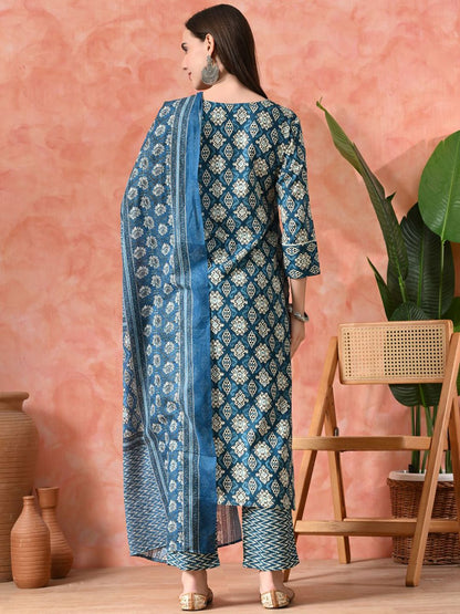 Indyancart SN Women's Printed A-Line Kurta With Trousers & Dupatta