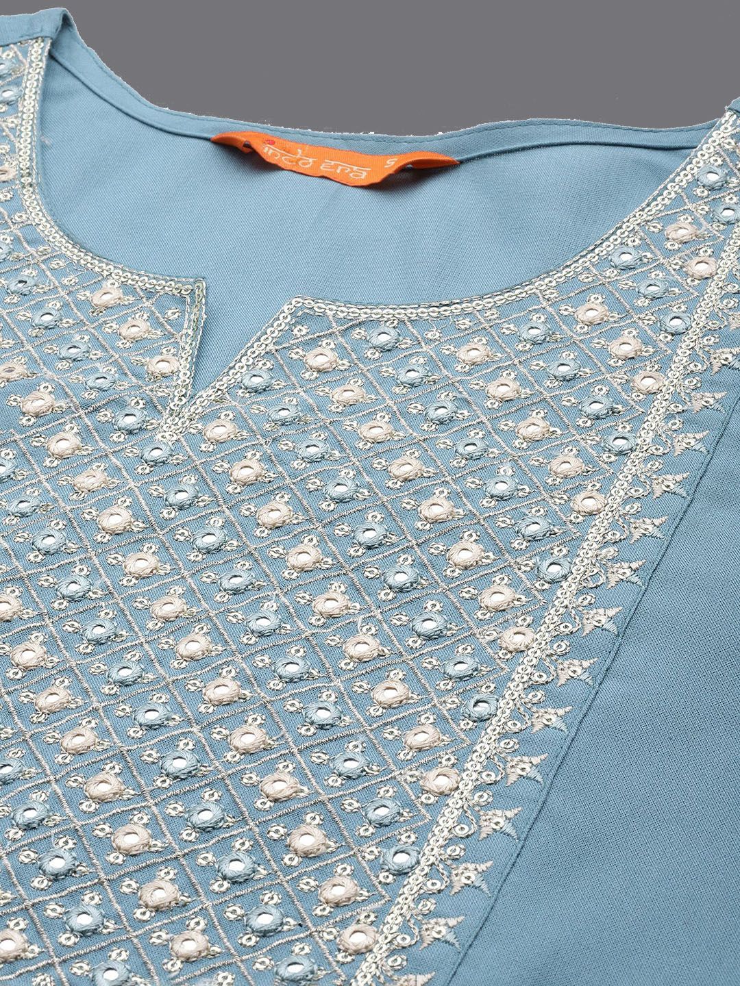 Indyancart IE Blue Notch Neck Embroidered Mirror Work Straight Kurta