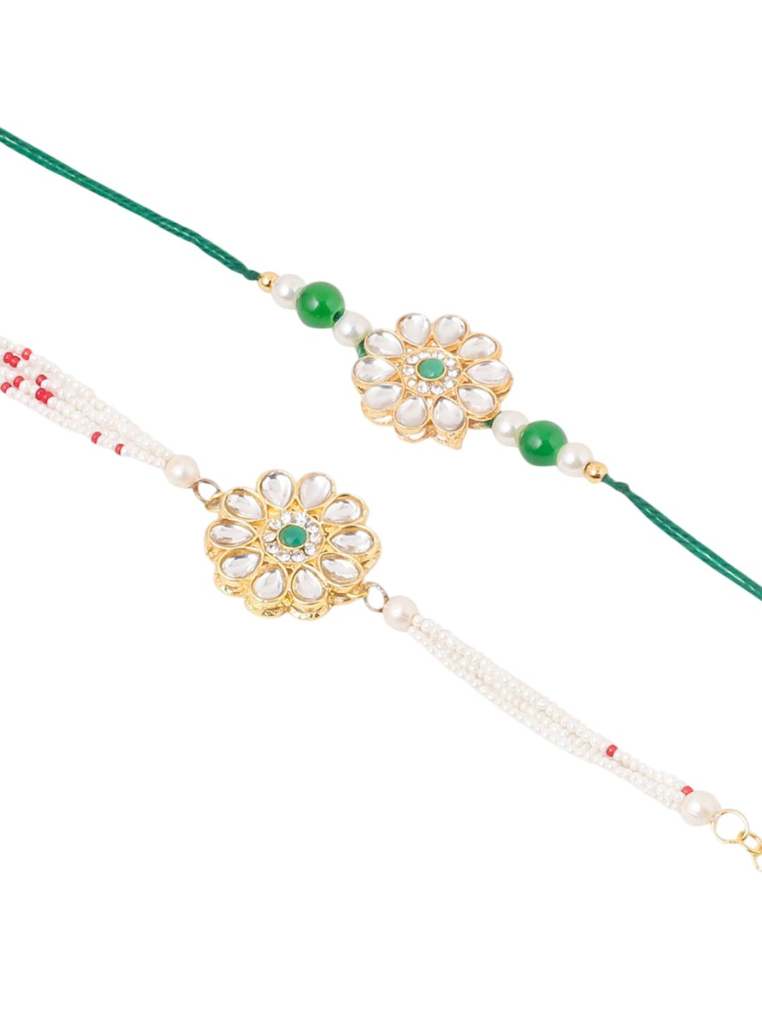 Anouk Set Of 2 Kundan Floral Design Gold Toned Bhaiya Bhabhi Rakhi Set With Roli Chawal