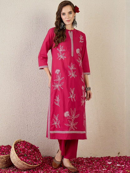 Women Embroidered Thread Work Pure Cotton Kurta with Trousers & Dupatta