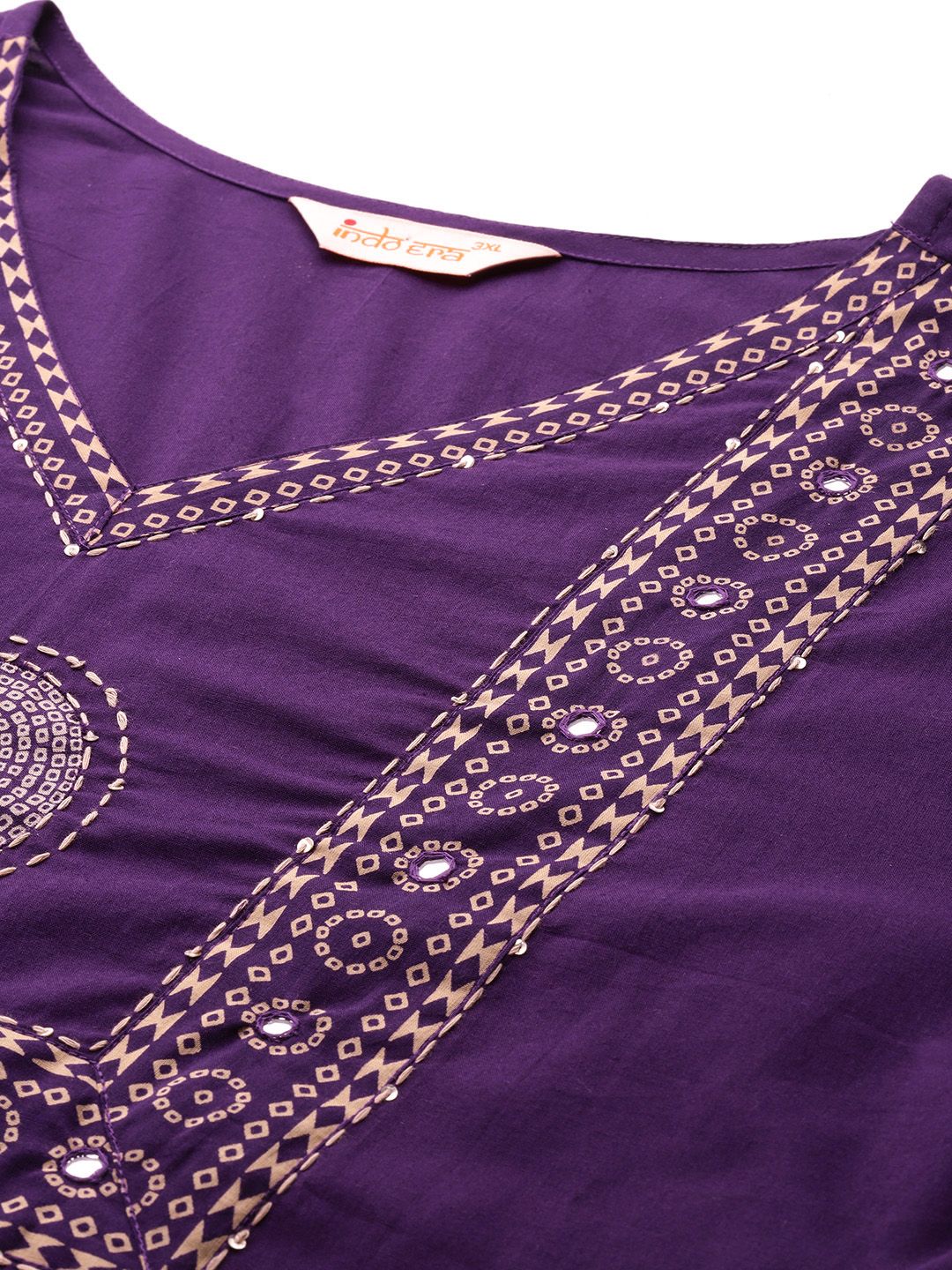 Indyancart Women's Ethnic Motifs Print Mirror Work Pure Cotton Kurta with Palazzos & Dupatta