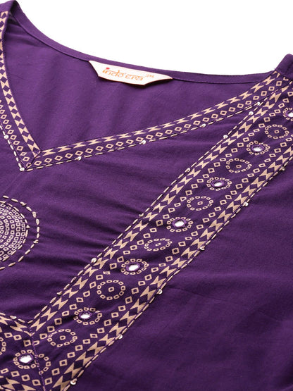 Indyancart Women's Ethnic Motifs Print Mirror Work Pure Cotton Kurta with Palazzos & Dupatta